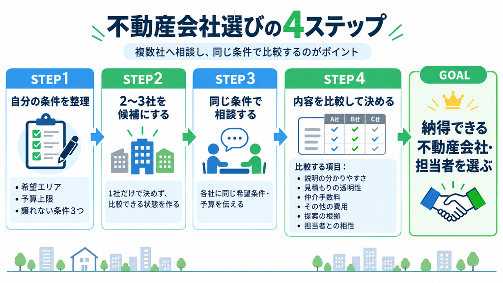 会社選びの手順を4つのステップで表した図。