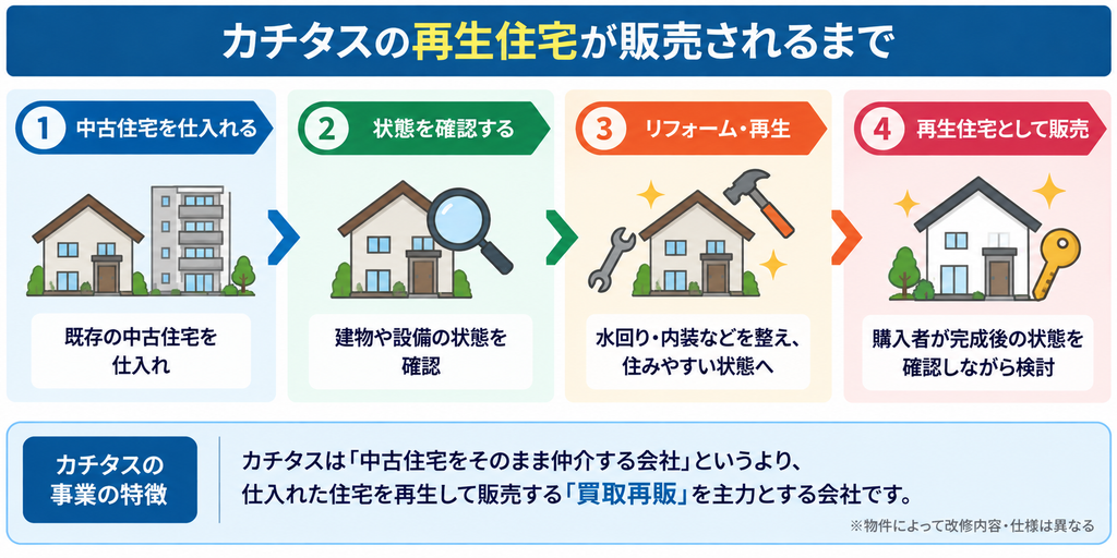カチタスは中古住宅を仕入れ、建物や設備の状態を確認したうえでリフォームし、「再生住宅」として販売します。中古住宅をそのまま仲介するのではなく、仕入れ・再生・販売まで行う「買取再販」の流れを示した図です。 