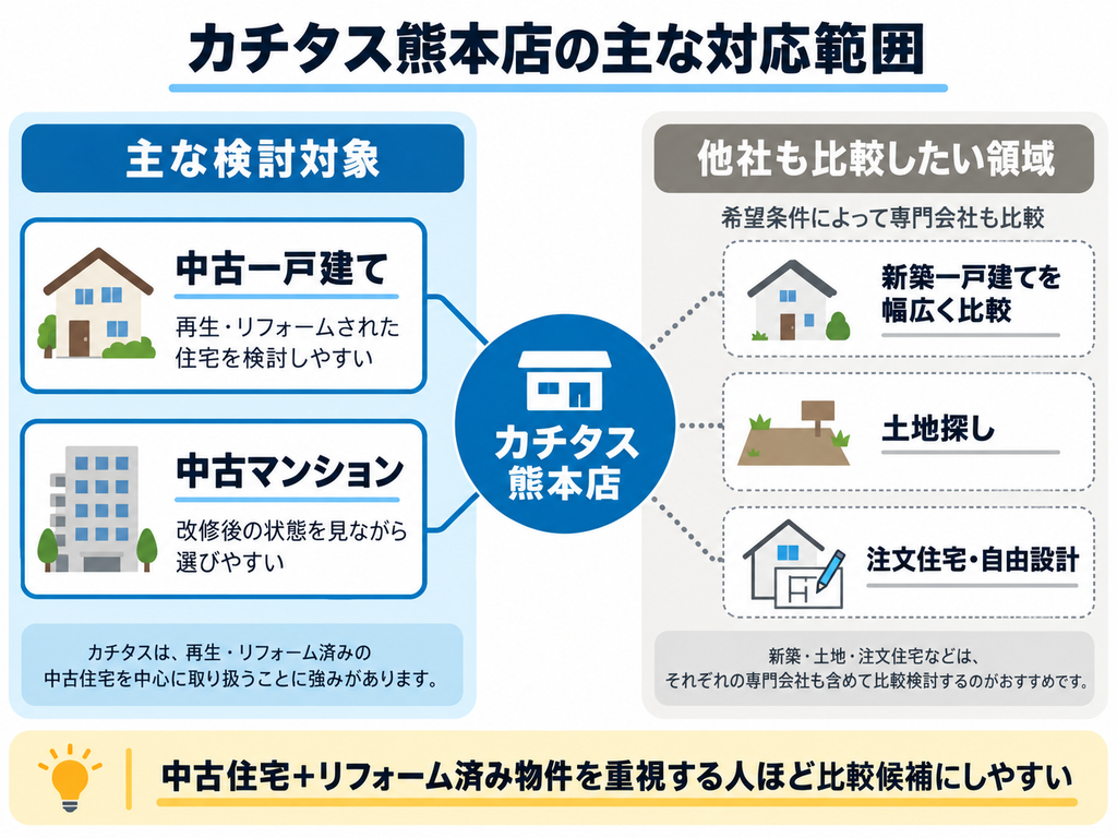 カチタス熊本店は、中古一戸建てや中古マンションなど、再生・リフォーム済み住宅を重視する人に向いていることを示した対応範囲図です。新築一戸建て、土地探し、注文住宅は、希望条件に応じて専門会社との比較も検討する構成です。