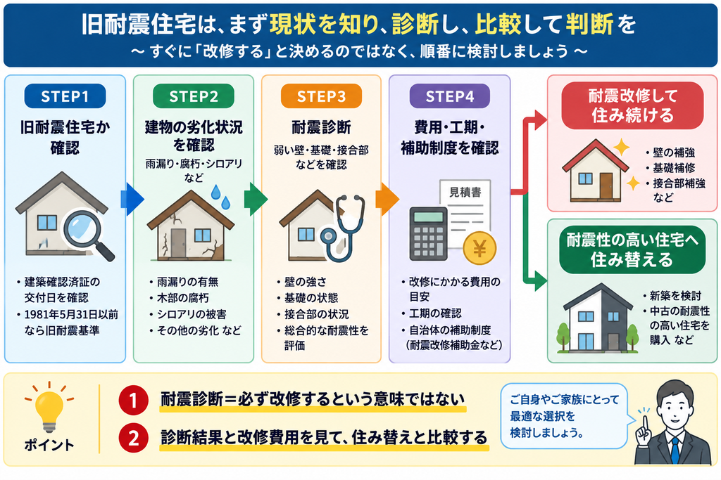 「旧耐震住宅の今後を判断する流れ」を示すステップ図。