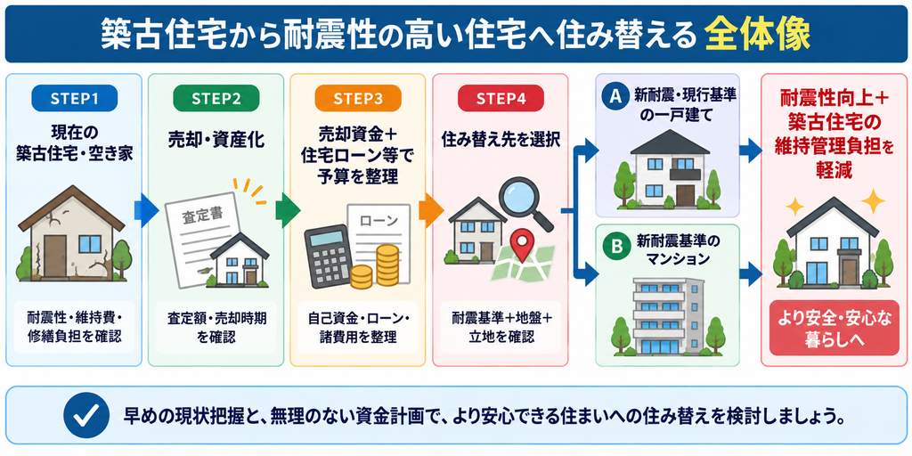 築古住宅・空き家を売却し、売却資金や住宅ローンを含めた資金計画を整理してから住み替え先を選ぶ流れを示した図。新耐震・現行基準の一戸建てや新耐震基準のマンションへ住み替えることで、耐震性向上と築古住宅の維持管理負担軽減を目指します。